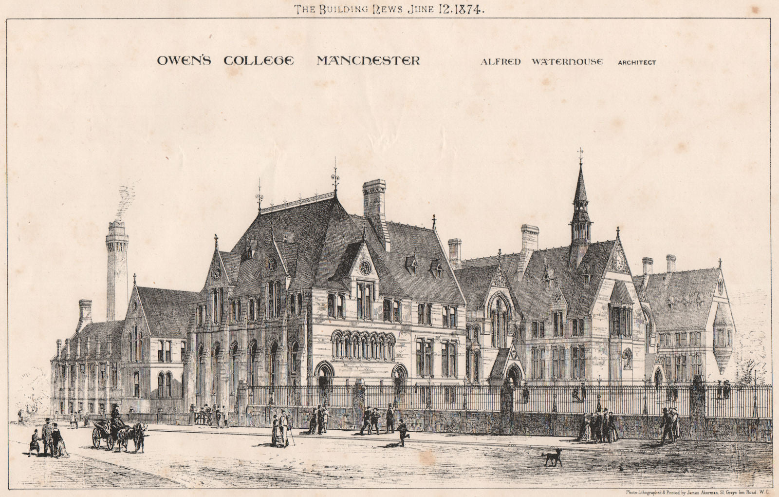 Owen's College, Manchester; Alfred Waterhouse, Architect 1874 old print